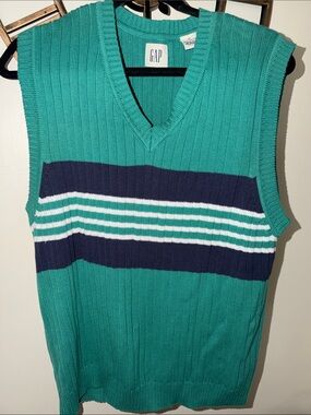 GAP Teal V-Neck Sleeveless Sweater with Navy & White Stripes